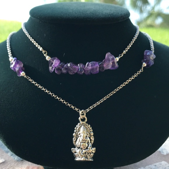 Amethyst ganesh necklace . Double layer Boho amethyst gemstones silver Ganesh - Picture 5 of 8